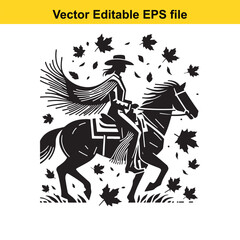 Fototapeta premium Cowgirl in a Fringed Jacket Riding Through Autumn Leaves