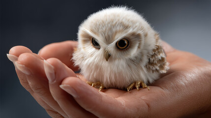 A charming baby owl is lovingly cradled in the gentle embrace of a human hand.
