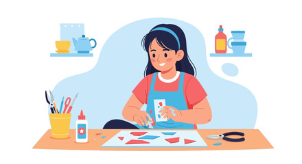 Happy Girl Creating Colorful Collage on Paper at Table in Home Studio