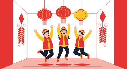 Joyful Celebrations: Chinese New Year Excitement with Friends and Traditional Decorations