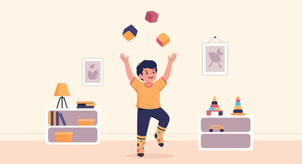Joyful Child Juggling Colorful Cubes At Home Having Fun Activity