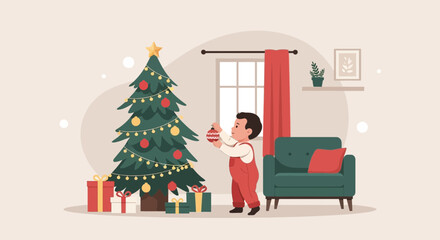Joyful Christmas Time Illustration Featuring a Toddler Decorating Christmas Tree