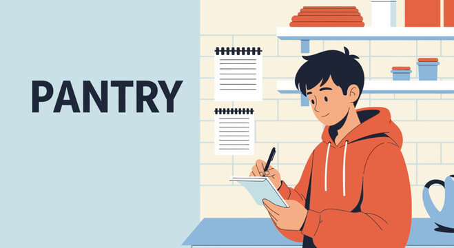 Man Preparing A Grocery List At Home For Stocking Up The Pantry