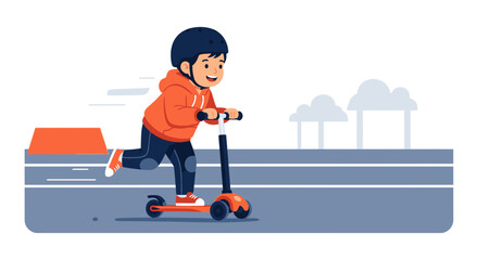 Joyful Ride: Cartoon Boy Enjoying Outdoor Fun on a Scooter With Safety Gear