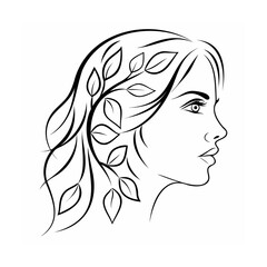 Elegant woman profile with floral hair minimalist line art