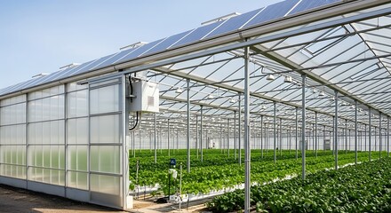 Modern Greenhouse with Solar Panels Cultivating Lush Green Crops Under Bright Sky
