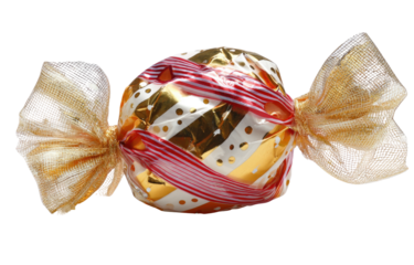 Wrapped, round candy with gold and red ribbons
