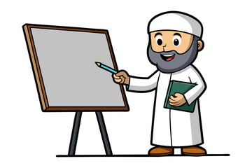 Elderly muslim teacher shares religious knowledge from a holy book with young students