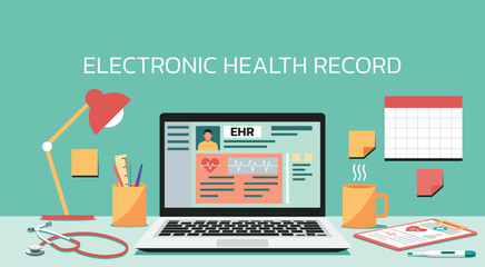 Electronic health record displayed on laptop screen with medical and office equipment in a clinical workspace environment, vector flat illustration