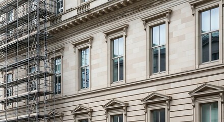 Fototapeta premium Ornate Building Facade with Scaffolding: Architectural Detail and Renovation