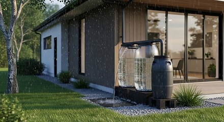 Overflowing Transparent Rain Barrels Collecting Water at a Modern Eco-Friendly Home
