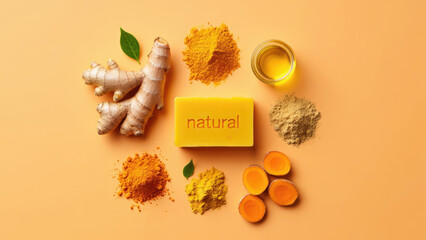 Turmeric kojic acid soap with natural ingredients, ginger root and powders, brightening skincare flat lay, organic herbal blend on warm background, holistic beauty product