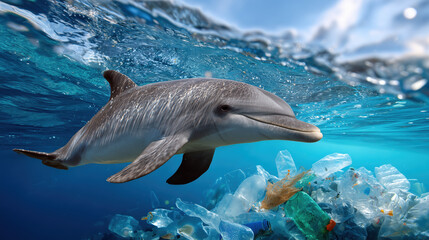 Fototapeta premium A dolphin gracefully swims in polluted waters filled with plastic waste.