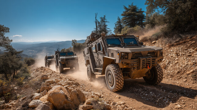 Military armored vehicles driving through a rugged mountain landscape under a clear blue sky.