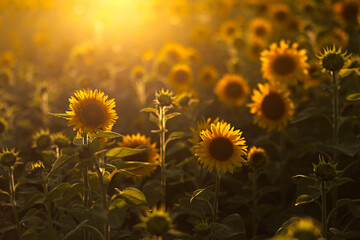 Stunning sunflowers in a field bathed in warm sunlight at sunset. A summer day in agriculture. Ecological concept and cultivated area