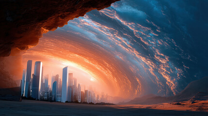 A stunning futuristic cityscape bathed in the glow of a vibrant sunset, under a surreal vortex.