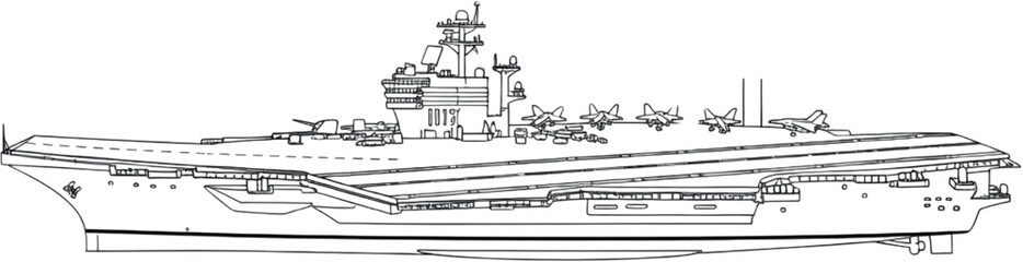 Obraz premium Blueprint-Style Aircraft Carrier Drawing: Technical Line Art with Precise Naval Details | Military Design