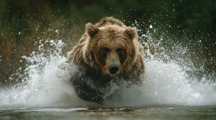 A powerful brown bear running through water, creating a dramatic splash.
