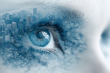 Double exposure of eye and cityscape symbolizes management vision. Digital platforms. How document management influences efficiency in the modern business world. File retrieval.