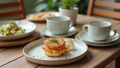 Ceramic tableware set with food for dinner on the table