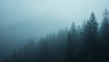 A thick fog enveloped the trees in the forest