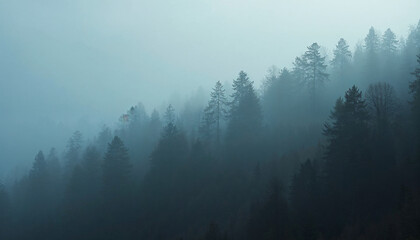 A thick fog enveloped the trees in the forest