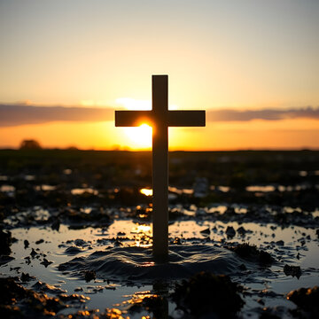 A solitary cross stands firmly entrenched in the damp mud under the refracting warm light of dusk, illustrating the peaceful convergence of symbol and nature