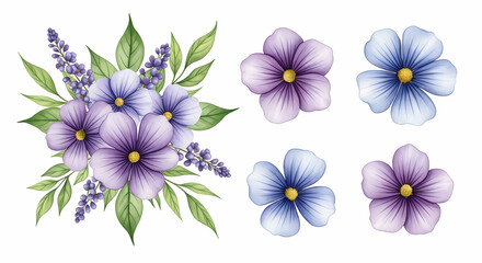 Obraz premium Watercolour floral illustration set. DIY violet purple blue flowers, green leaves elements collection - for bouquets, wreaths, wedding invitations, prints, fashion, birthday, postcards, greetings