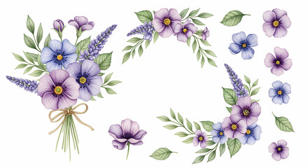 Watercolour floral illustration set. DIY violet purple blue flowers, green leaves elements collection - for bouquets, wreaths, wedding invitations, prints, fashion, birthday, postcards, greetings