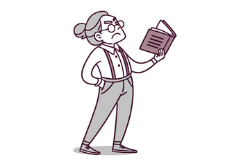 Friendly cartoon professor with a beard and glasses presents the earth globe and a torch of knowledge