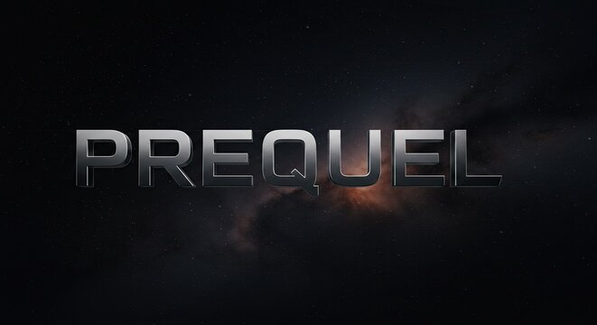 PREQUEL Text in 3D Metallic Font on Dark Space Background. : Excellent for movie titles, game titles, film pre-production materials, sci-fi book covers, cinematic opening sequences.