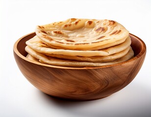 roti flatbread stack in wooden bowl on white background