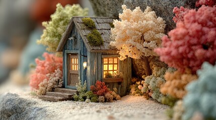 Miniature cottage scene, autumn foliage, glowing windows, rock garden, whimsical decor