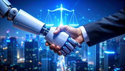 human and AI robot handshaking