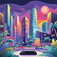 Vibrant city skyline at night, phone displaying music, tropical plants