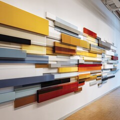 Abstract color block art installation in gallery hallway