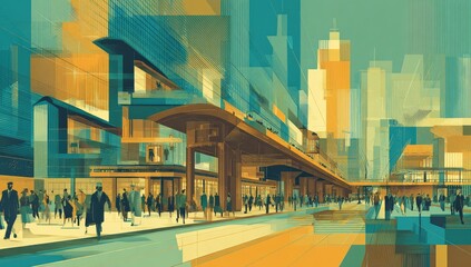 City Street, People Commute, Modern Architecture, Elevated Train, Urban Life