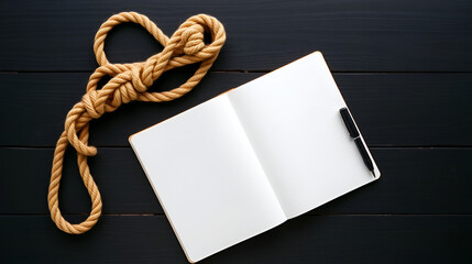 Rope noose and blank notebook with pen on black wooden table, flat lay. Space for text