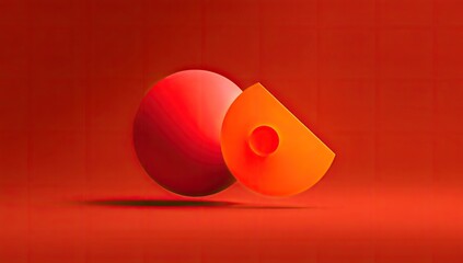 Red sphere and segment on red background, abstract design, minimal, 3D rendering