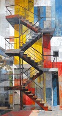 Colorful Courtyard Staircase, Abstract Wall Art, Urban Setting