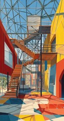 Colorful building atrium staircase, sunlight, modern architecture, design, interior
