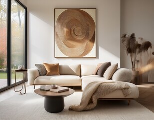 elegant and modern living room interior with a curved boucle sofa and abstract wall art in a bright space with large windows