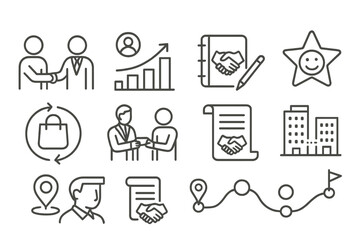 Set of 12 Business Line Icons, Featuring Partnership, Growth, Contract and E-Commerce Symbols