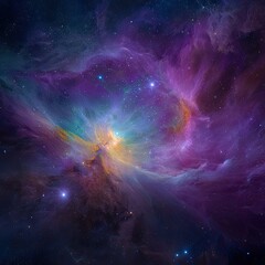 Orion Nebula cosmic cloudscape, vibrant interstellar gas, star formation, deep space background, astronomy