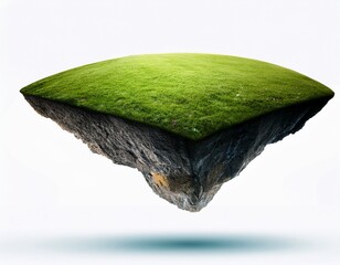 isolated grassy plateau floating in air lush green field surface dramatic drop off with rocky texture underneath