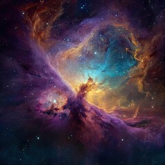 Orion Nebula cosmic cloud, vibrant colors, star formation, space background; astronomy education