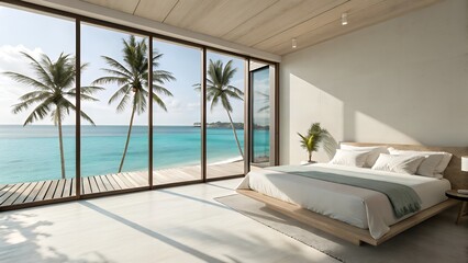 Fototapeta premium Serene beach bedroom oasis with stunning ocean views and tropical palm trees