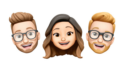 Three diverse memoji characters showcasing different hairstyles and facial expressions in a fun and engaging display for digital communication