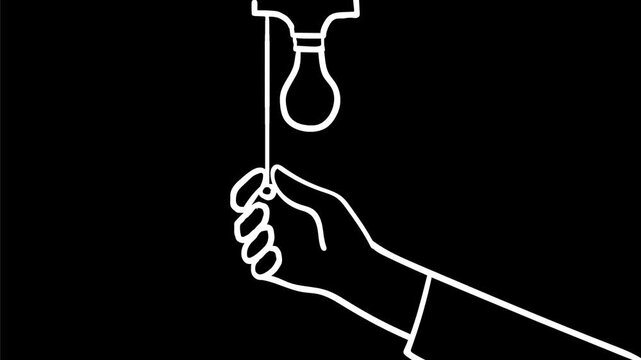 2d Animation cartoon character drawing of a human hand pulling pull switch light bulb fixture to turn on and off on white, black and green screen in 4k ultra-high-definition.
