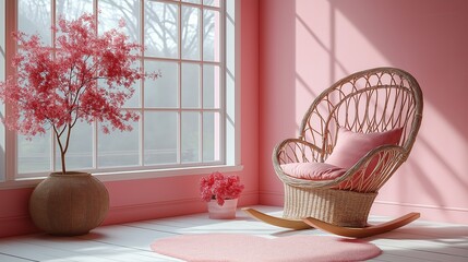Fototapeta premium Cozy pink interior with a rocking chair and decorative plants in soft light
